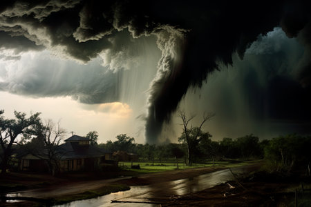 A large black cloud is coming out of the sky. Generative AI image.の素材
