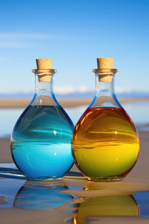 A couple of bottles sitting on top of a sandy beach. Generative AI image.の素材