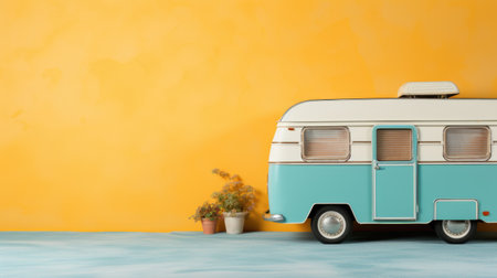 A toy camper van parked in front of a yellow wall. Generative AI image.の素材