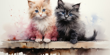 A painting of two kittens sitting next to each other. Generative AI image.の素材