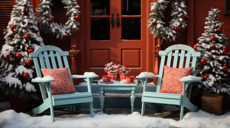 A couple of chairs sitting next to each other in the snow. Generative AI image.の素材