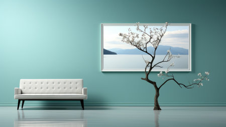A white couch sitting next to a tree in a room. Generative AI image.の素材