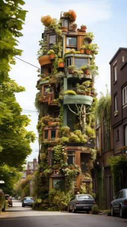 A tall building with plants growing on the side of it. Generative AI image.の素材
