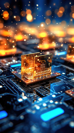 A close up of a computer chip on a circuit board. Generative AI image.の素材