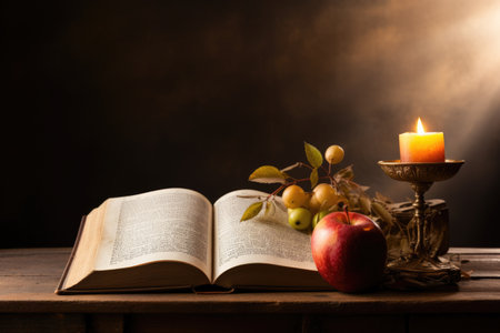 An open book sitting on top of a wooden table. Generative AI. Yom Kipur, Jewish Holy Days.の素材