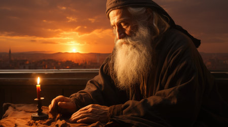 A man sitting at a table with a candle. Generative AI. Yom Kippur tradition. Yom Kippur tradition.の素材