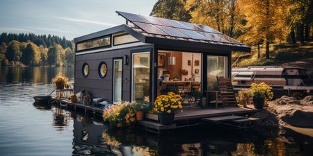 A small houseboat with a solar panel on the roof. Generative AI.の素材