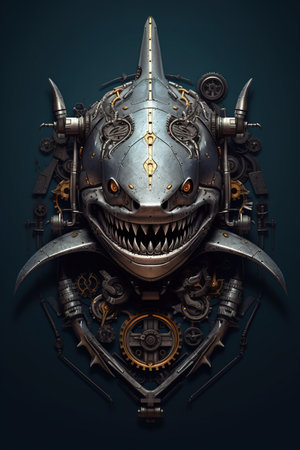 A large metal mask with a large toothy face. Generative AI.の素材