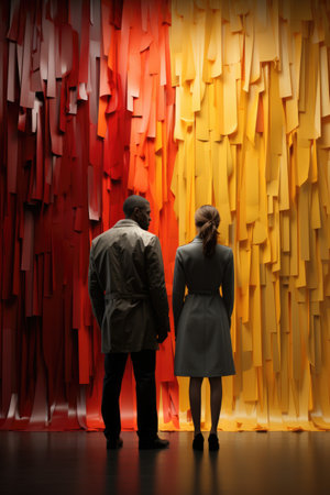 A man and a woman standing in front of a colorful wall. Generative AI. Visualization of gender spectrumの素材