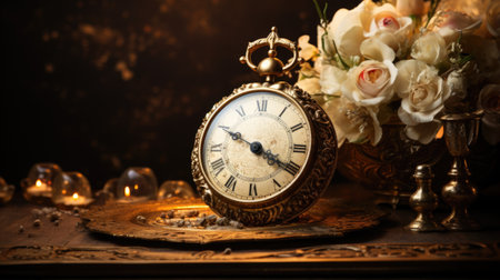 A clock sitting on top of a table next to a vase of flowers. Generative AI.の素材