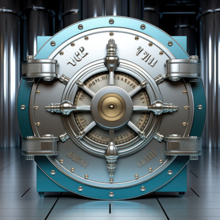 A large metal safe door with a handle. Cyber security for cryptocurrency.の素材