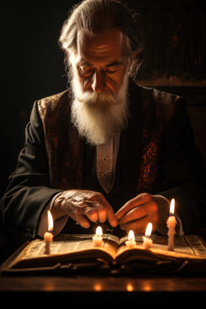A man with a long white beard reading a book. Yom Kipur, Jewish Holy Days.の素材
