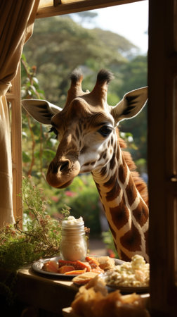 A giraffe standing next to a window eating food. Digital image.の素材