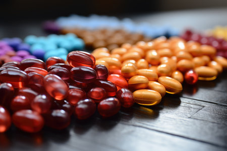 A close up of a bunch of pills on a table.の素材