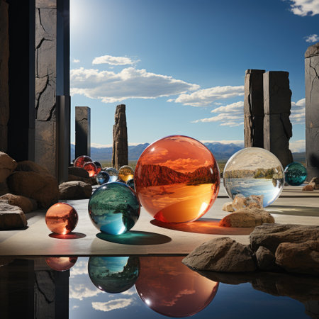 A group of glass balls sitting on top of a table. Surreal whimsical landscape.の素材