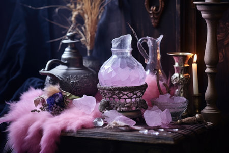 A table topped with a bottle of liquid and candle. Cute witch Halloween decor.の素材