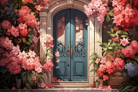 A painting of a blue door surrounded by pink flowers.の素材