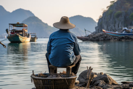 A man sitting on a chair in front of a body of water. Asian fishermen workersの素材