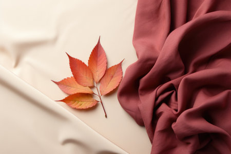 A red leaf laying on top of a white sheetの素材