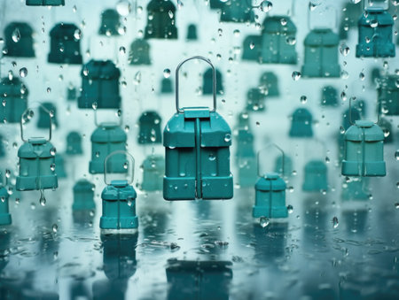 A bunch of blue boxes sitting on top of a table. Cyber security to protect cryptocurrency.の素材