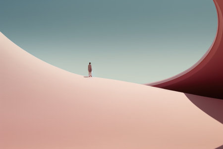 A person standing on top of a pink hill. Digital image.の素材