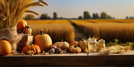 A table topped with lots of pumpkins next to a field. Harvest time, Thanksgiving decorの素材
