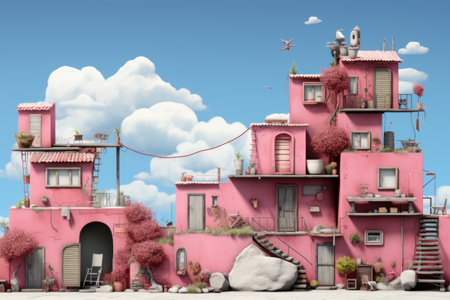 A pink building with a staircase leading up to it. Digital image.の素材
