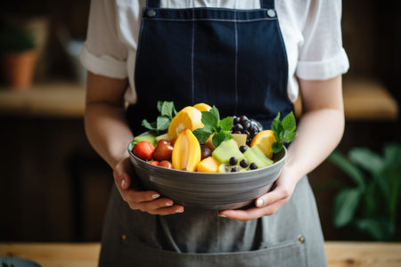 A woman in an apron holding a bowl of fruit. Digital image.の素材