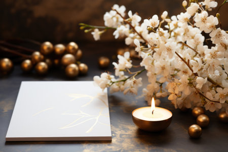 A candle and some flowers on table.の素材