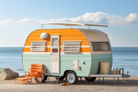 An orange and white trailer parked on the beach.の素材