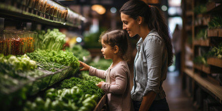 A woman and a little girl shopping in a grocery store.の素材