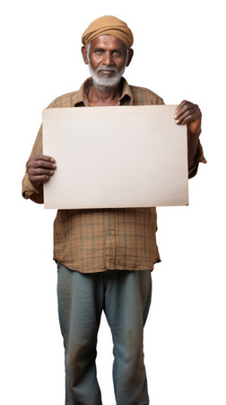 A man holding a blank sign in his hands.の素材