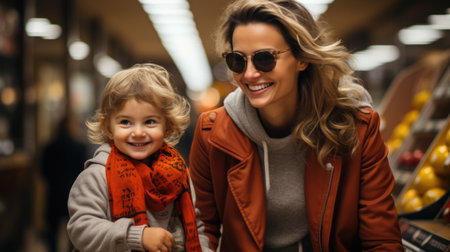 A woman and a little girl in a store.の素材