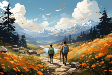 A couple of people walking down a dirt road.の素材