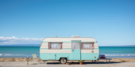 A blue and white trailer parked on the beach. Digital image.の素材