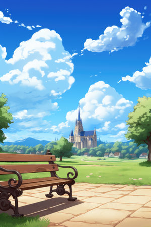 A bench in a park with a castle in the backgroundの素材