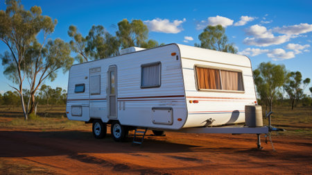A white trailer parked on a dirt road. Digital image.の素材