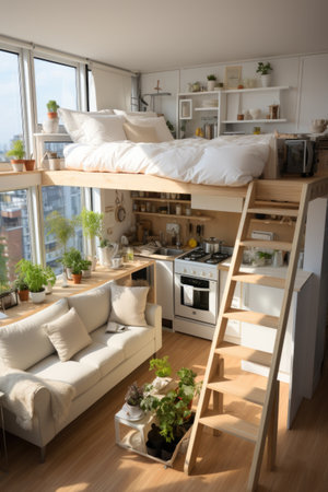 A living room with a loft bed and a couch.の素材