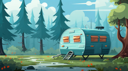 A blue trailer is parked in the middle of a forest.の素材