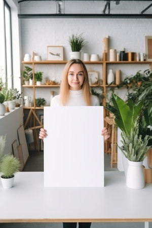 A woman holding a blank sign in a flower shop. Mockup for art project. Digital image.の素材