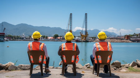 Three construction workers sitting on chairs overlooking a body of water. Asian port workersの素材