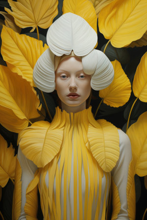 A woman in a yellow dress surrounded by yellow leaves.の素材