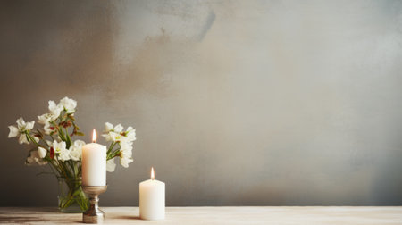 A vase filled with white flowers next to a lit candle. Yom Kippur tradition.の素材