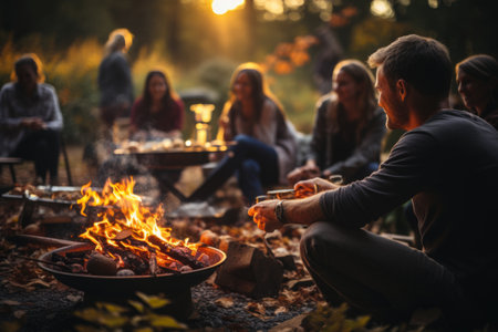 A group of people sitting around a fire pit. Autumn, Thanksgiving decor. Digital image.の素材