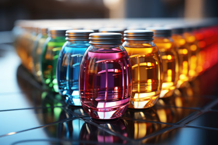 A row of different colored jars sitting on a table.の素材