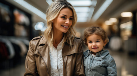 A woman and a little girl standing in a store.の素材