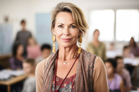 A woman standing in front of a classroom full of students. Portrait of a school teacher.の素材