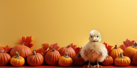 A small turkey standing in front of a group of pumpkins. Autumn, Thanksgiving decor. Digital image.の素材