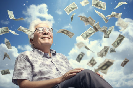 A man sitting in a chair with money flying around him.の素材