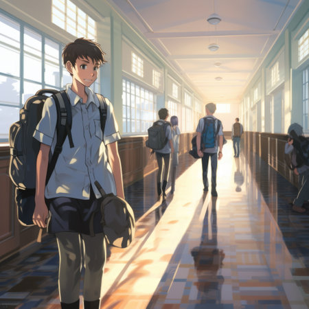 A group of people walking down a hallway.の素材